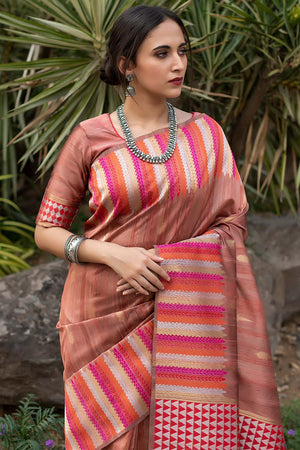 Coral Peach Tussar Saree