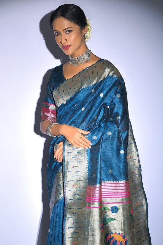 Tussar Saree Azure Blue Tussar Saree saree online