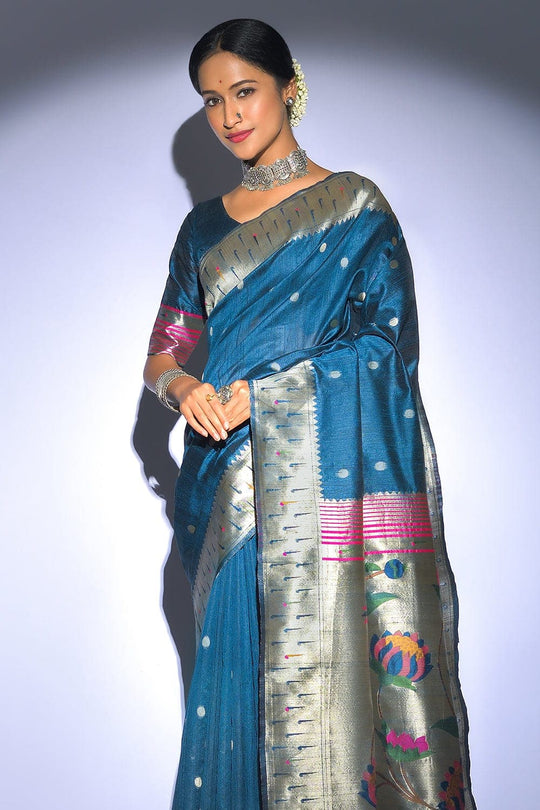Tussar Saree Azure Blue Tussar Saree saree online