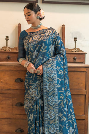 blue tussar silk saree