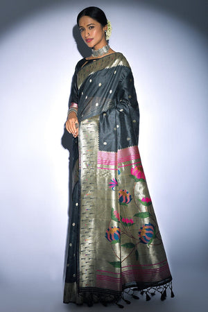 Charcoal Black Tussar Saree