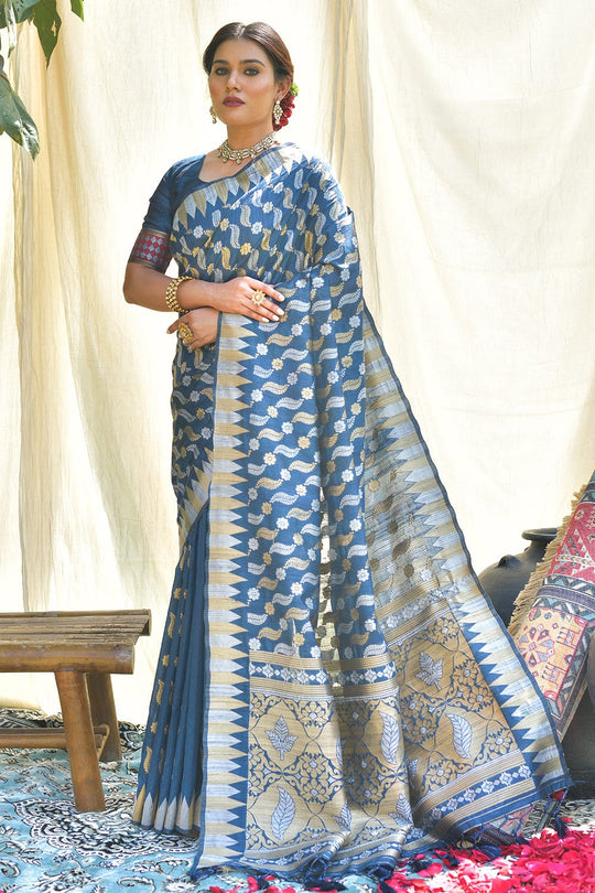 blue Tussar saree