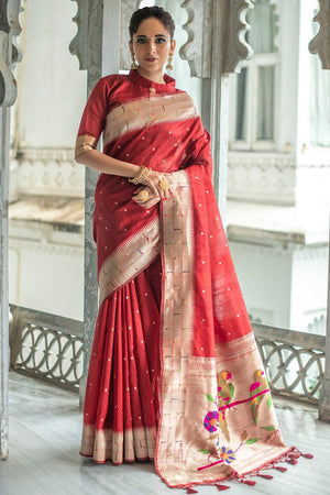 Crimson Red Tussar Saree