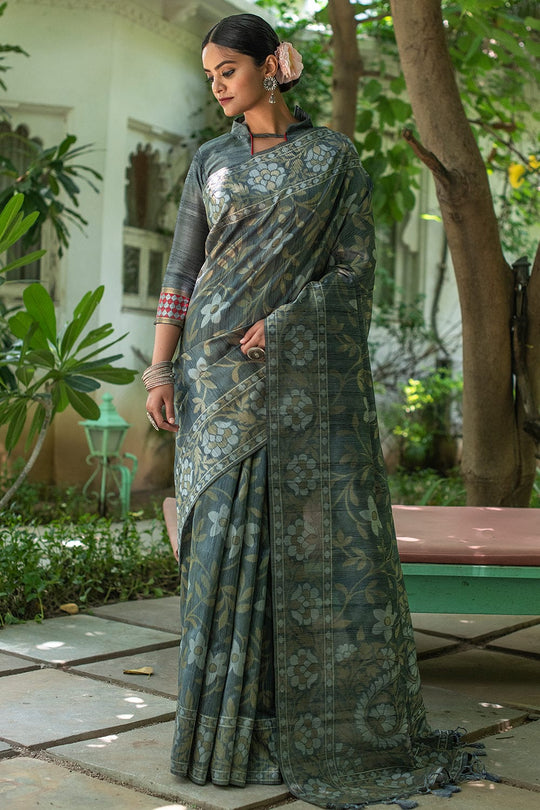 grey Tussar saree