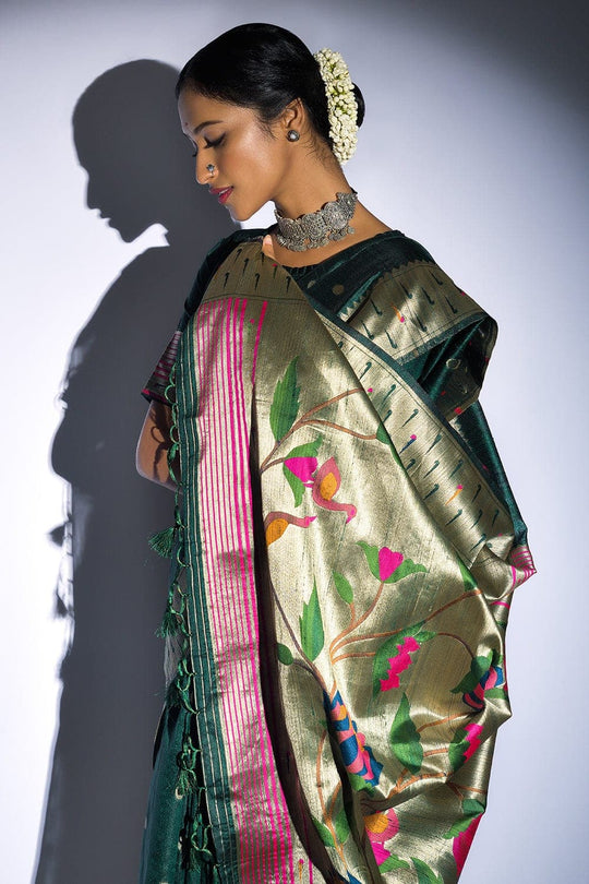 Tussar Silk Saree Pine Green Tussar Silk Saree saree online