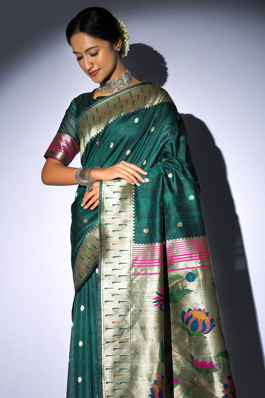 Tussar Silk Saree Pine Green Tussar Silk Saree saree online
