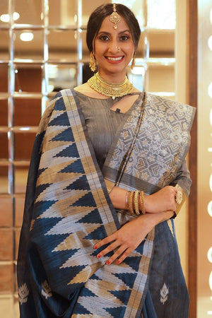 Spruce Blue Tussar Saree
