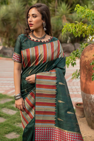 Uniform Green Tussar Saree