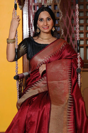 Vivid Maroon Tussar Saree