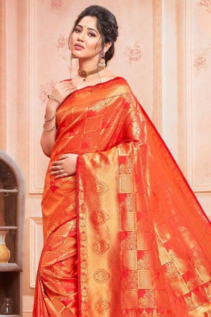 Outrageous Orange Peacock Pattern Uppada Saree