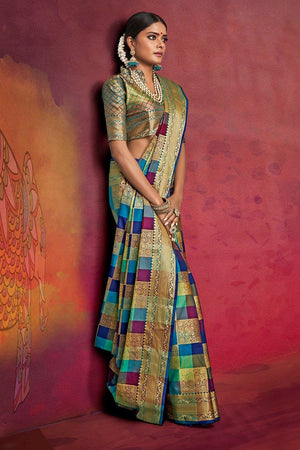 Shades Of Blue Woven Uppada Saree With Brocade Blouse