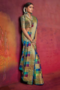 Shades of blue woven Uppada saree with brocade blouse - Buy online on Karagiri - Free shipping to USA