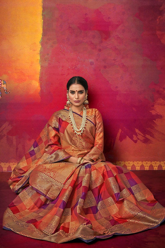 Shades of red woven Uppada saree with brocade blouse - Buy online on Karagiri - Free shipping to USA