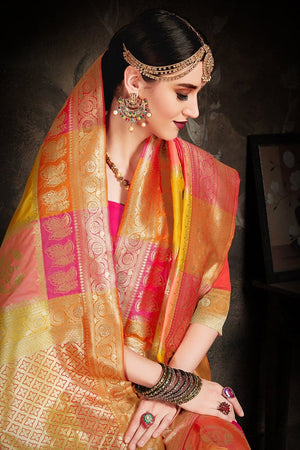 Shades Of Yellow And Pink Intricate Zari Woven Uppada Saree