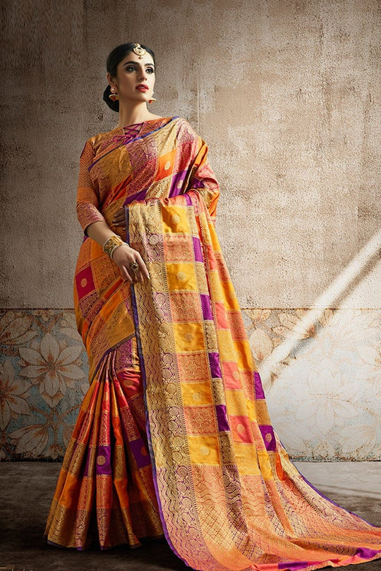 Sunrise orange zari woven Uppada saree with brocade blouse - Buy online on Karagiri - Free shipping to USA