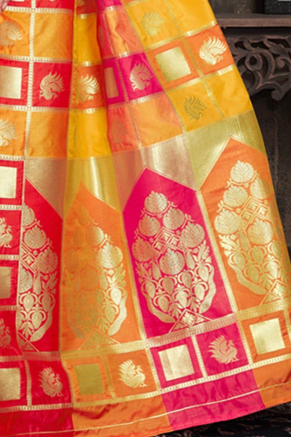 Yellow and pink Intricate zari woven uppada saree - Buy online on Karagiri - Free shipping to USA