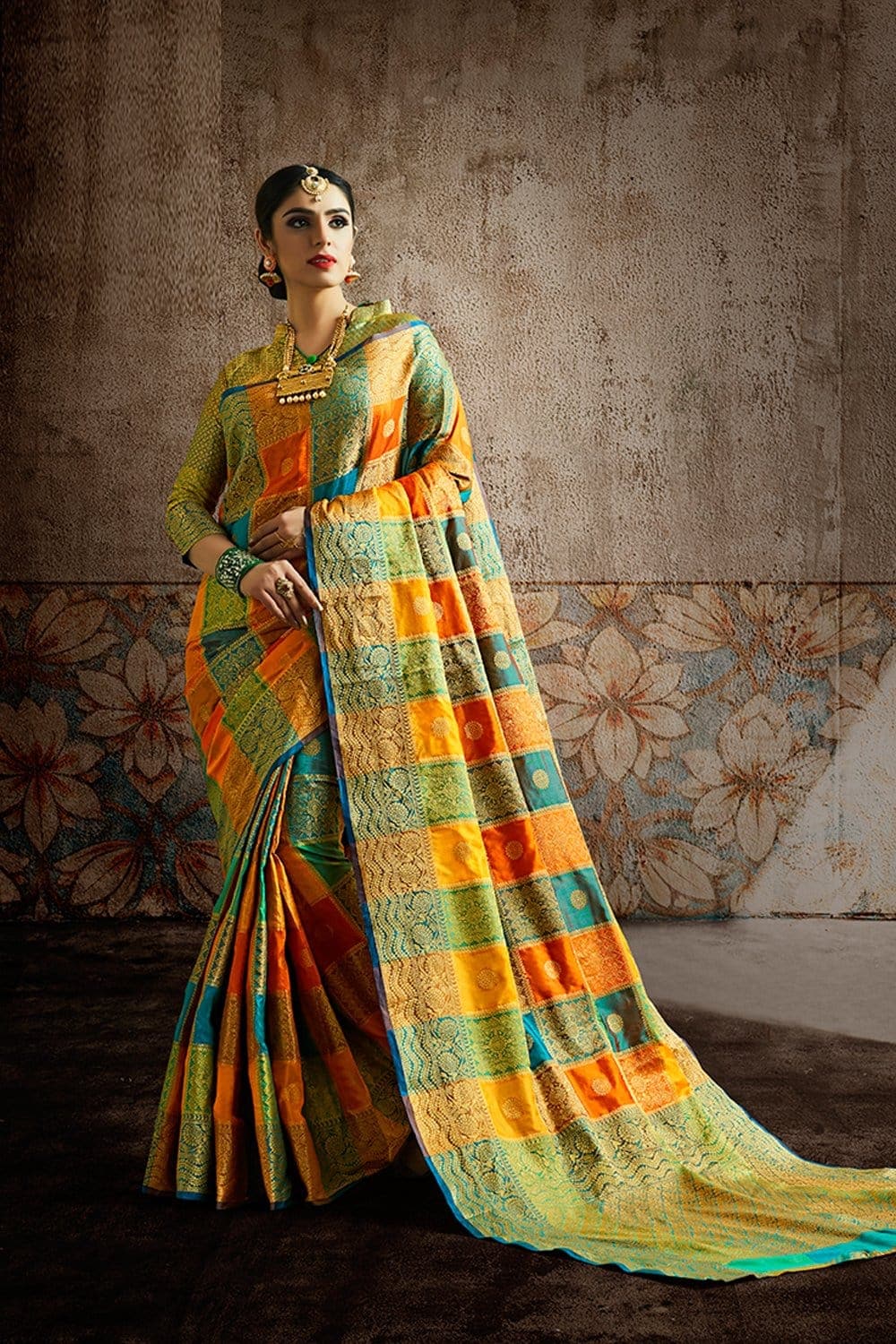Yellow teal zari woven Uppada saree with brocade blouse - Buy online on Karagiri - Free shipping to USA