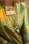 Yellow teal zari woven uppada silk saree with brocade blouse - Buy online on Karagiri - Free shipping to USA
